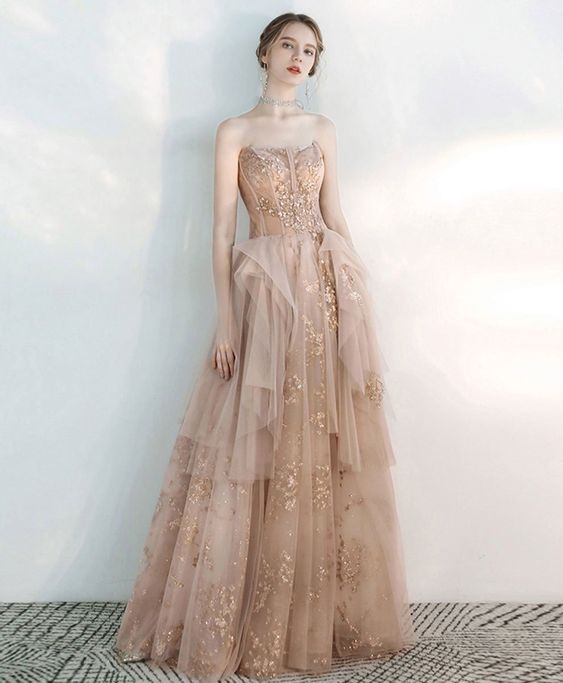 Champagne sweetheart tulle lace long prom dress cg14207