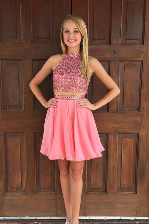 Two Pink High-necked Mini Skirts, Short SkirtsHomecoming Dress cg14213