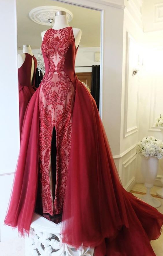 Burgundy Lace Formal Occasion prom Dress With Detachable Skirt cg14225