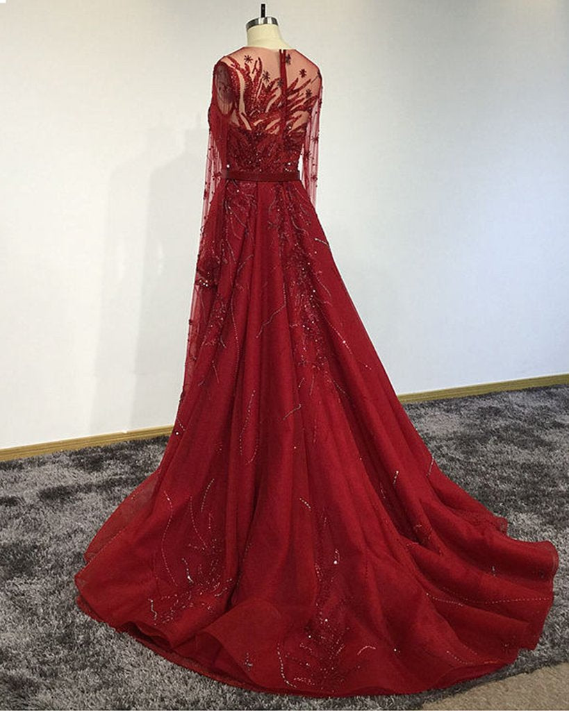 Unique Red Tulle Beaded Long Mermaid Chapel Train Prom Dress, Formal Dress cg14264