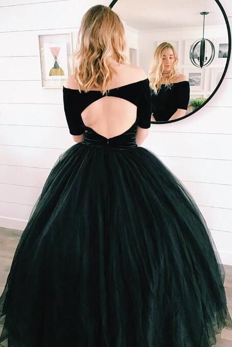 Princess black ball gown, black long prom dress with off the shoulder, open back ball gown, sweet 16 dress cg14271