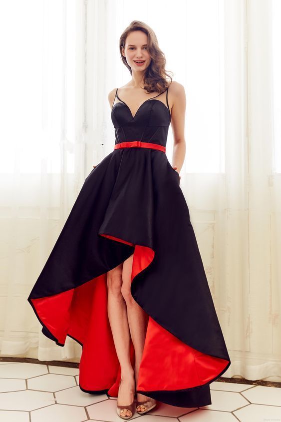 Red Black High Low Prom Dresses With Sheer Straps Satin A line Short Front Long Back cg14274