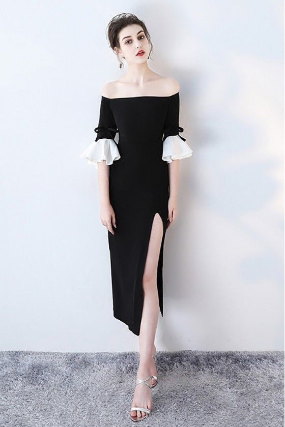 Black Off Shoulder Side Slit Party prom Dress with Bell Sleeves cg14725