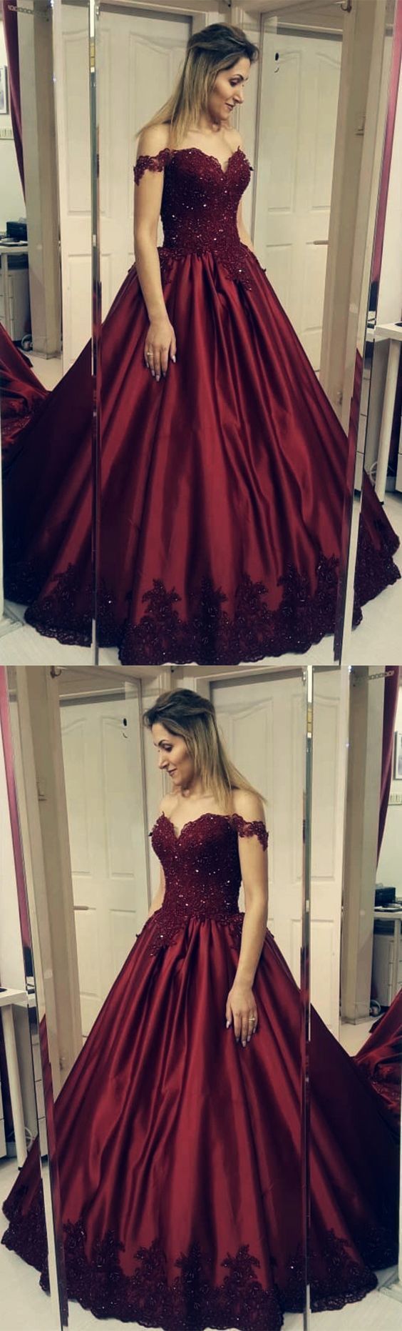 Off the Shoulder Burgundy Appliques Sweet 16 Prom Dresses cg14304