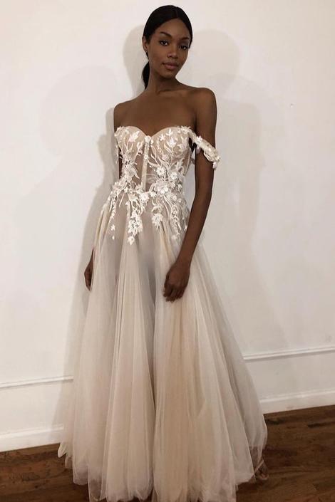 See-Through Off Shoulder Ivory Long Wedding prom Dress with Appliques, cg14315