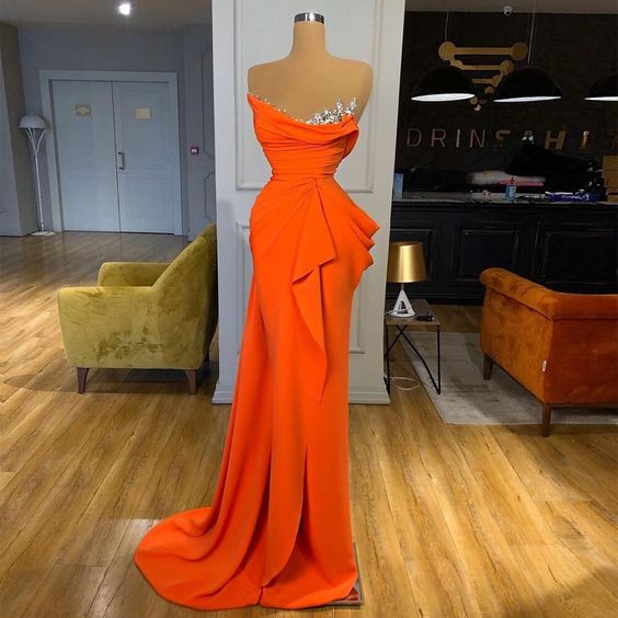 Evening Dresses V Neck Sheath Evening Gowns Orange Party Dress Slit Sequins Formal Dress fashion Prom Dress cg14318