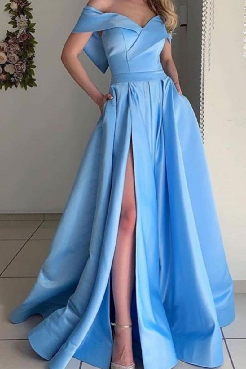 Simple off shoulder satin long blue prom dress, blue evening dress cg14336
