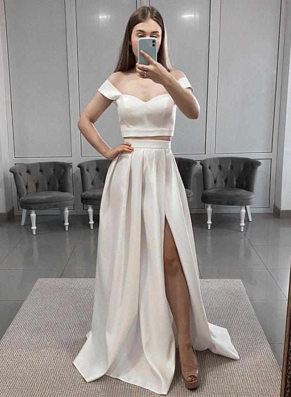 White satin long prom dress two pieces evening dress cg14343