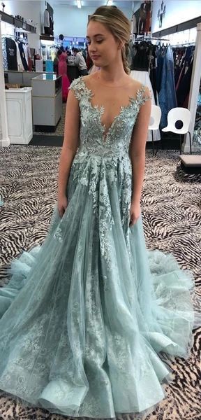 A-line Lace Round Neck Elegant Formal Long Prom Dresses cg14345