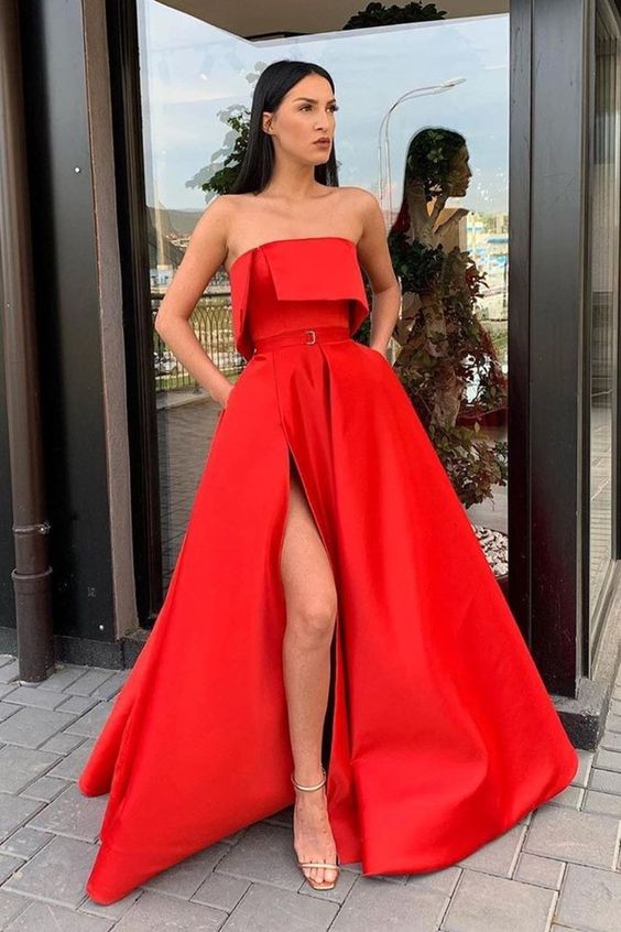 Modern Side Slit Long Red Prom Dress with Belt cg14371