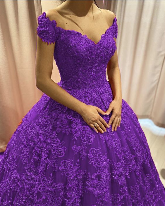 Purple Lace Ball Gown Quinceanera prom Dresses Elegant V Neck Off The Shoulder cg14372
