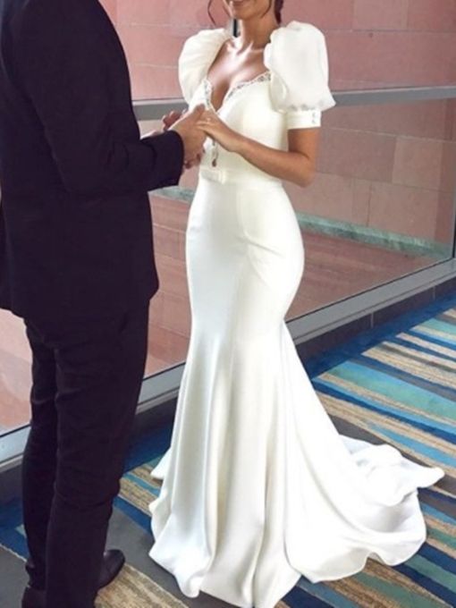 Beading Puff Sleeve Mermaid Wedding Dress Prom Dresses cg14374