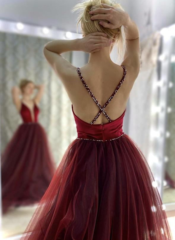 Burgundy v neck tulle long prom dress evening dress cg14377