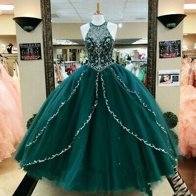 Hunter Green Halter Prom Dress , Formal Ball Gown cg14380
