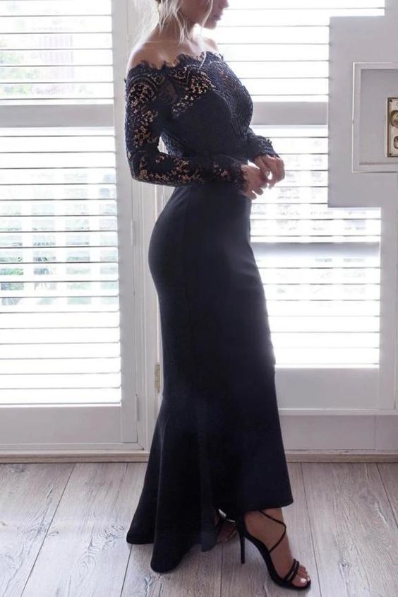 Black Off Shoulder Lace Mermaid Long Sleeves Long Prom Gown cg14390