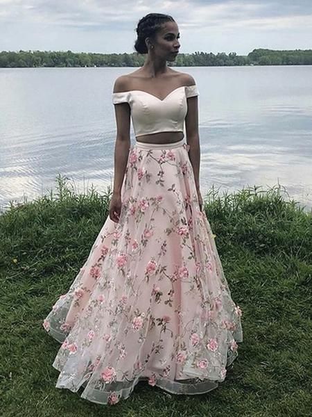 Off the Shoulder Two Pieces Pink 3D Floral Prom Dresses cg14394