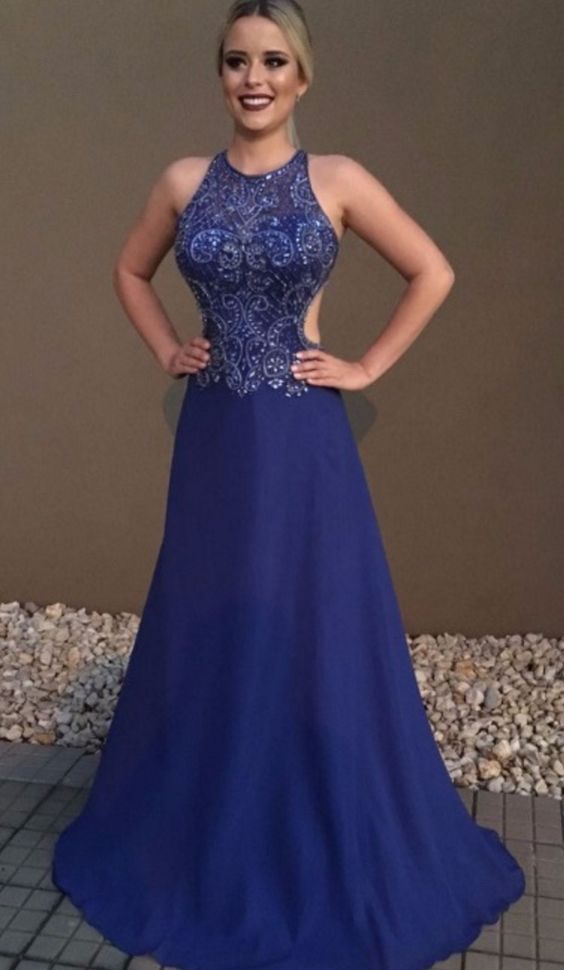 Halter Neck Royal Blue Mermaid Evening Dress With Beading Formal Evening Gowns Party prom Dress cg14412