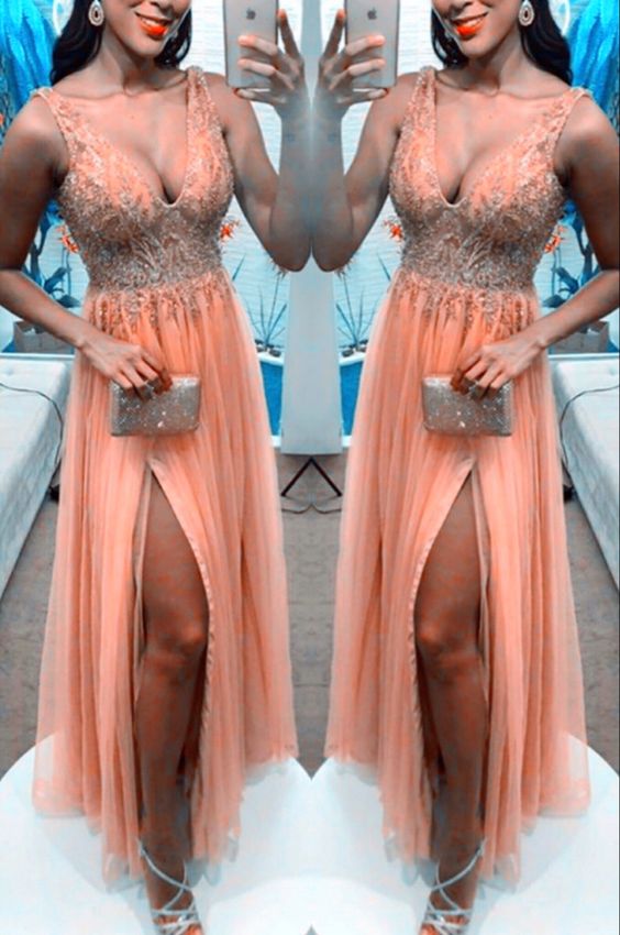 Charming Peach Prom Dresses Tulle Split Evening Gown V neck Sequins Beaded cg14420