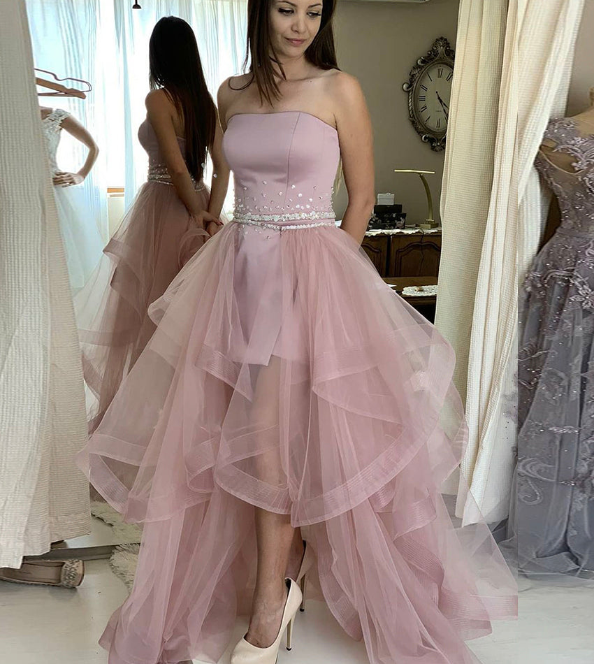 UNIQUE PINK TULLE LONG PROM DRESS TWO PIECES EVENING DRESS cg14428