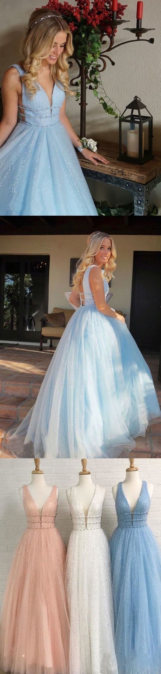 Sparkly Deep V Neck Long Beaded Backless Light Blue Prom Dresses Cheap Party Dress cg14429