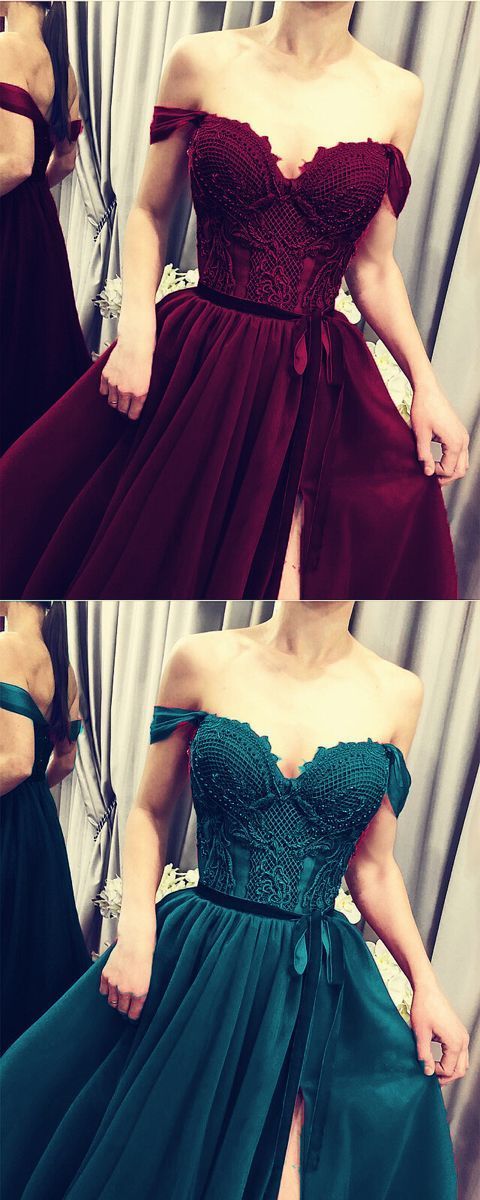 Elegant Lace Embroidery Tulle Split Formal Gown Off The Shoulder prom dress cg14434