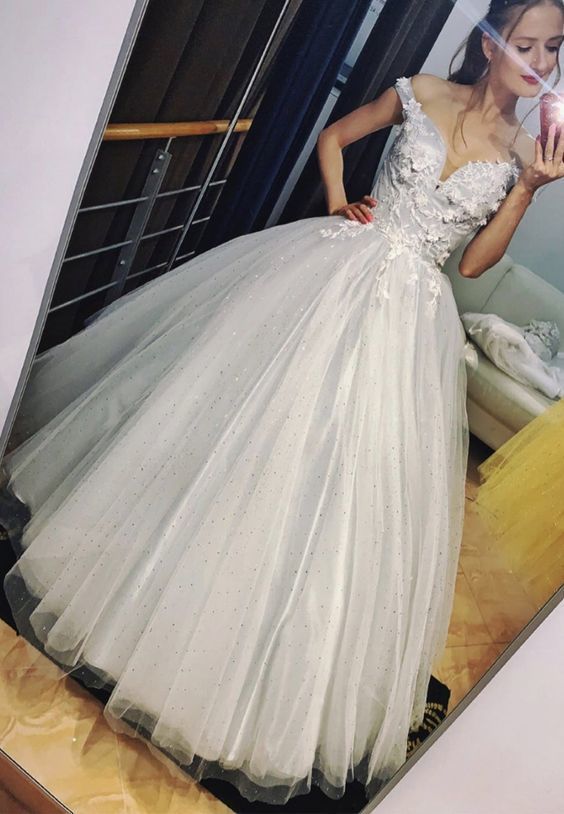 Gray tulle lace long prom dress evening dress cg14455