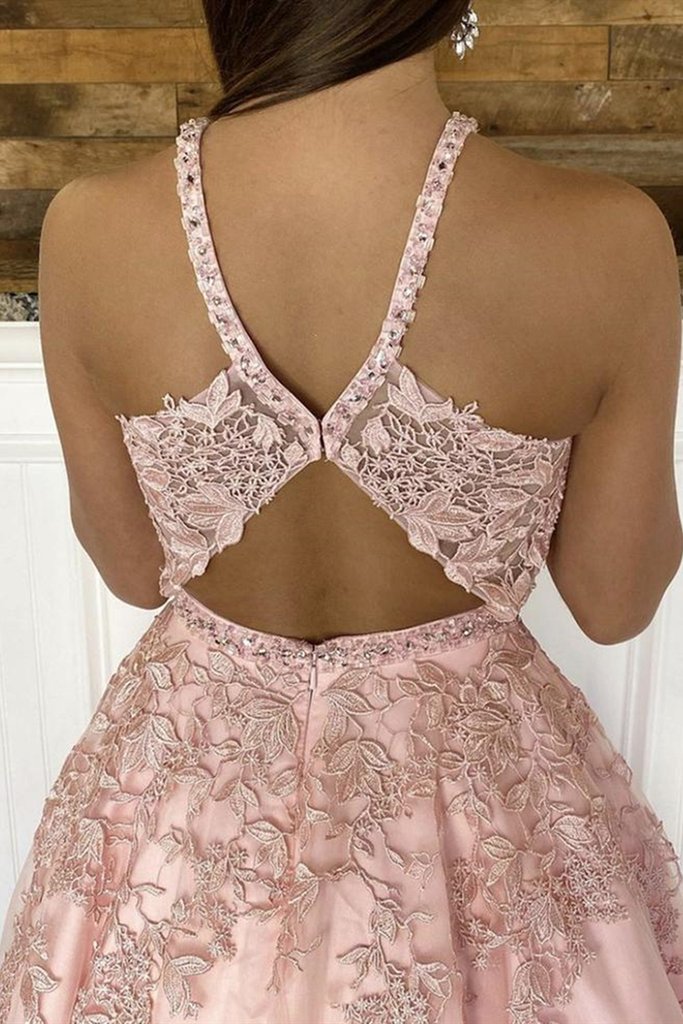 V Neck Open Back Pink Lace Long Prom Dress, Pink Lace Formal Dress, Pink Evening Dress cg14483