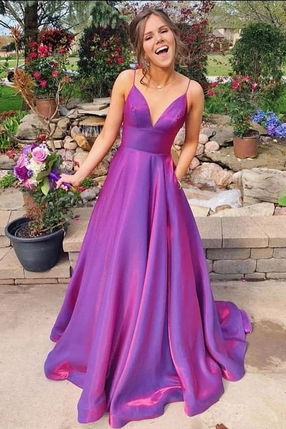 A Line Grape Spaghetti Straps Satin V Neck Long Prom Dresses Backless Evening Dresses cg14490