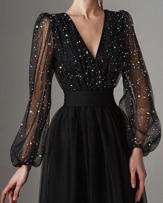 Black V Neck Prom Dress With sleeves cg14493
