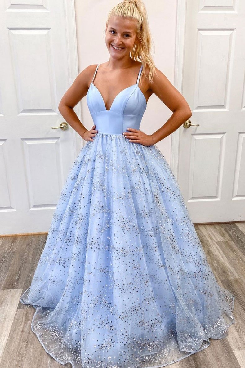 Blue v neck tulle sequin long prom dress blue tulle formal dress cg14525
