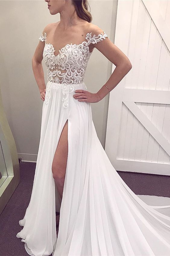 A-Line Round Neck Cap Sleeves Prom Dress With Appliques cg14532