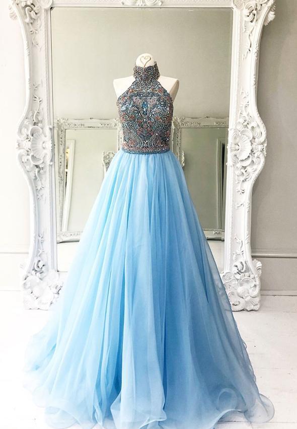 Elegant blue chiffon beads long prom dress cg14539