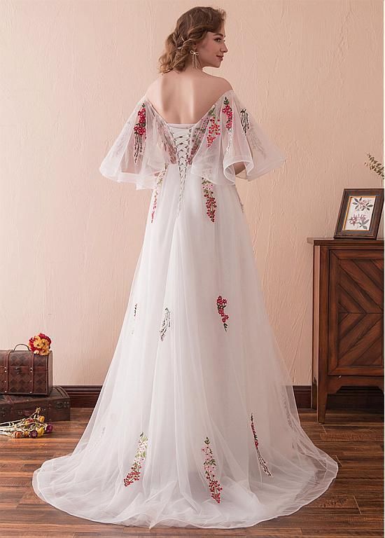 Off Shoulder Bell Sleeve Floral Long Prom Dress with Lace Up cg14543
