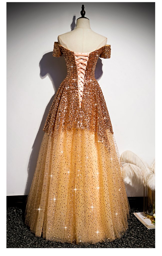 Gorgeous Gold Sequins Long Formal Gown, A-Line Golden Tulle Prom Dress cg14564