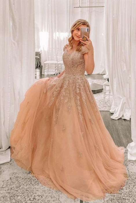 Gorgeous Champagne Long Prom Gown with Cap Sleeves cg14598