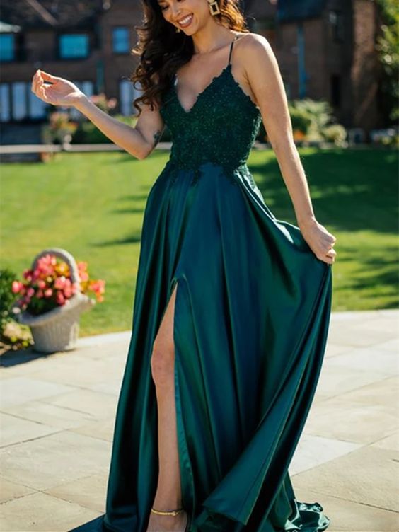 A Line V Neck Dark Green Lace Top Long Prom Dresses with Slit, Dark Green Lace Formal Graduation Evening Dresses cg14605