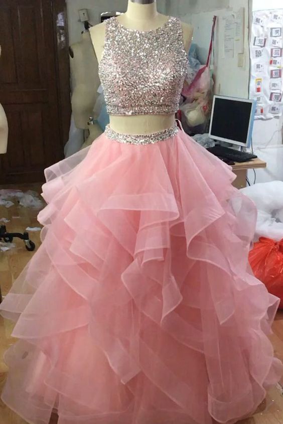 Jewel Neck Pink Party Dresses Sequins and Beaded 2 Pieces Prom Dresses Ruffle and Tiered Tulle Affordable Evening Dresses cg14625