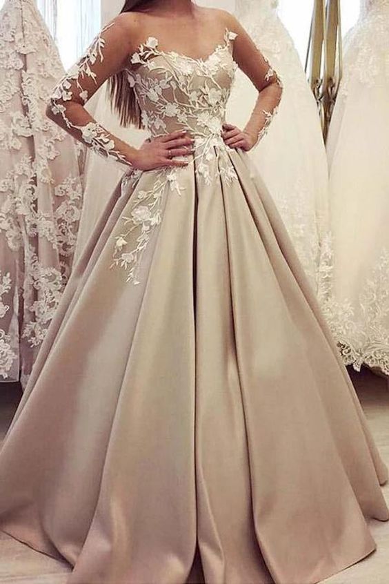 Puffy Sheer Neck Long Sleeves Satin Prom Dress with Lace Appliques cg14628