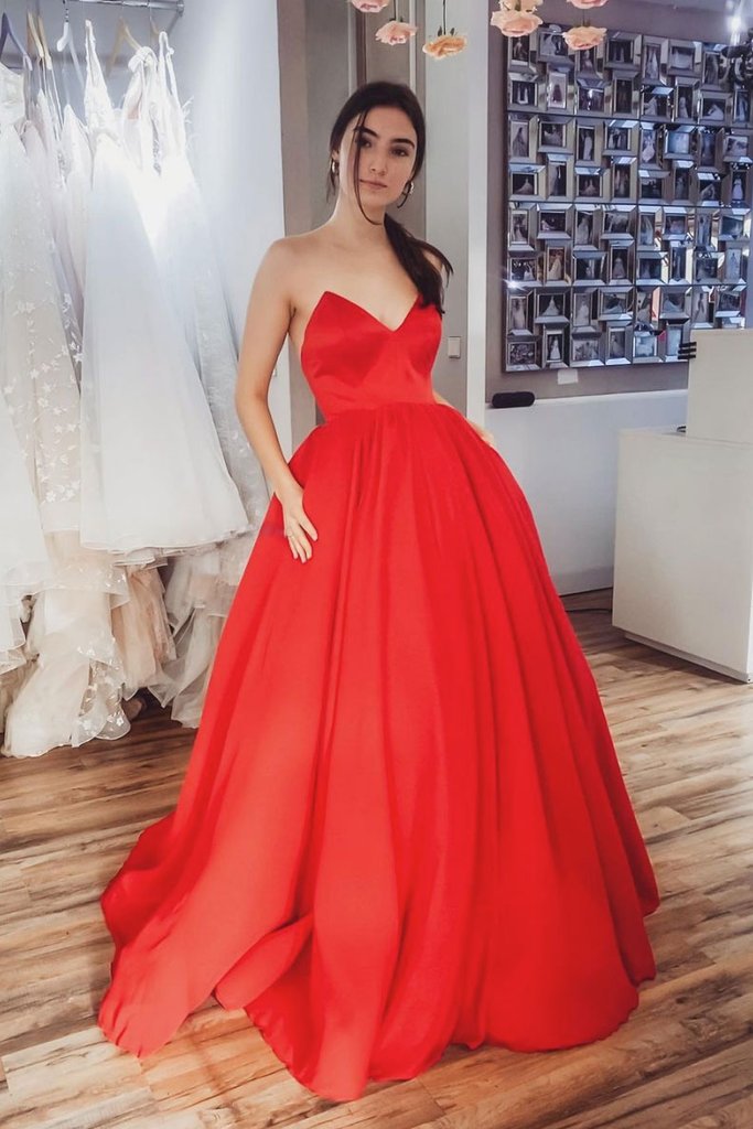 SIMPLE RED SATIN LONG PROM DRESS RED EVENING DRESS cg14639