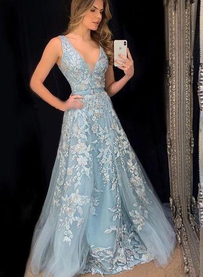 Charming Light Blue A-line Prom Dresses,Lace Evening Dresses,V-neck Tulle Applique Party Evening Gown cg14650