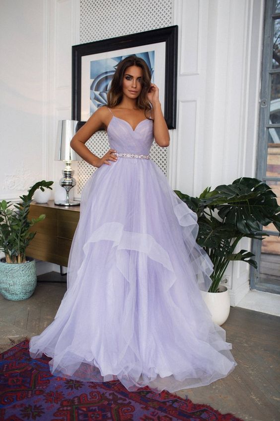 Off Shoulder Light Lavender Tulle Long Prom Dress cg14677