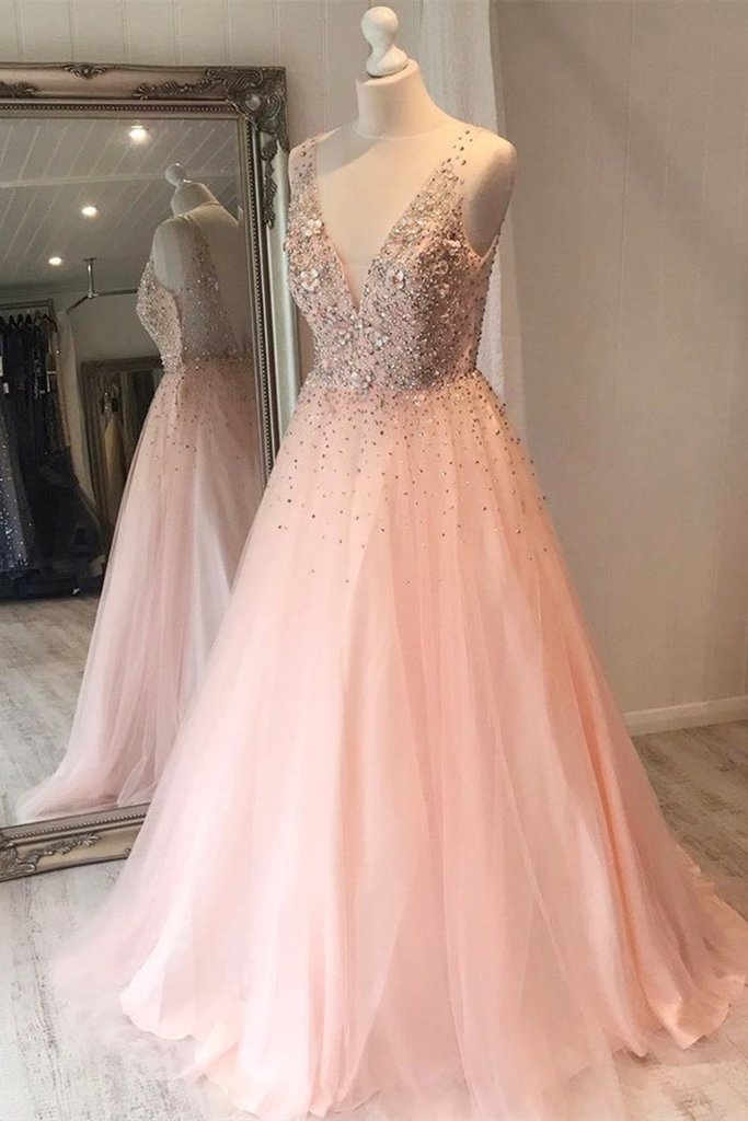 A Line V Neck Sequins Pink Long Prom Dress, Pink Formal Graduation Evening Dress cg14699