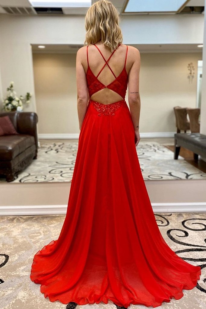 A Line V Neck Beaded Red Lace Long Prom Dress, Red Lace Formal Dress, Red Evening Dress cg14700