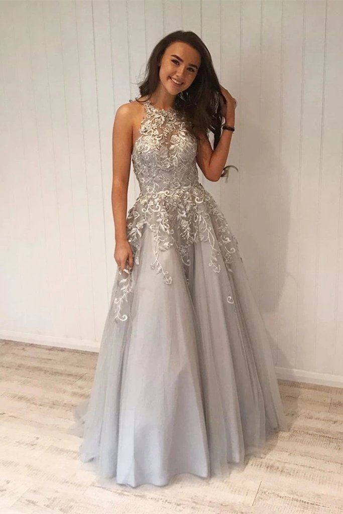 A Line Grey Lace Long Prom Dress with Appliques, Grey Lace Formal Graduation Evening Dress cg14701