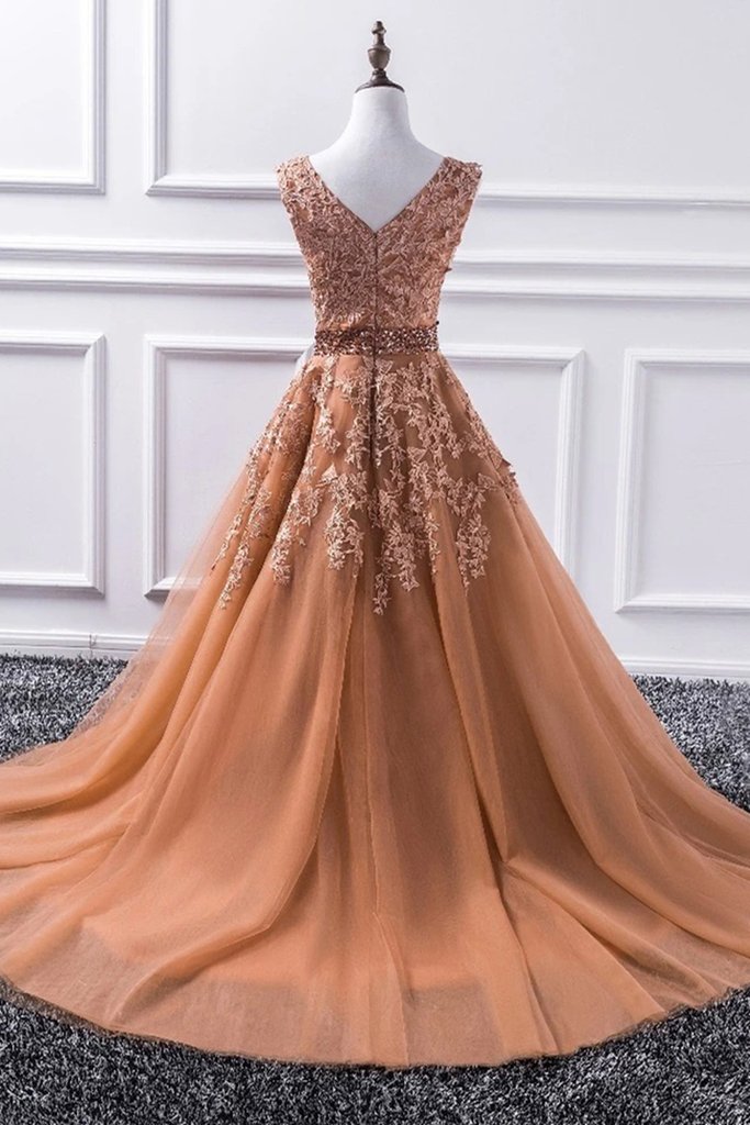 Gorgeous V Neck Champagne Lace Long Prom Dress, Champagne Lace Formal Graduation Evening Dress cg14702