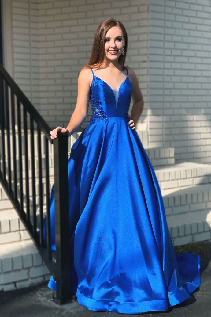 Blue v neck satin long prom dress blue evening dress cg14711