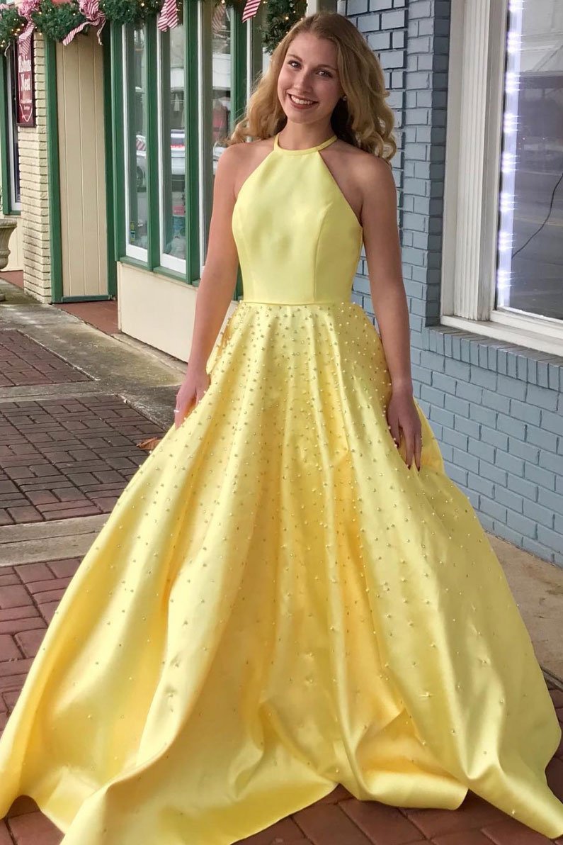 Yellow satin beads long prom dress yellow formal dress cg14717