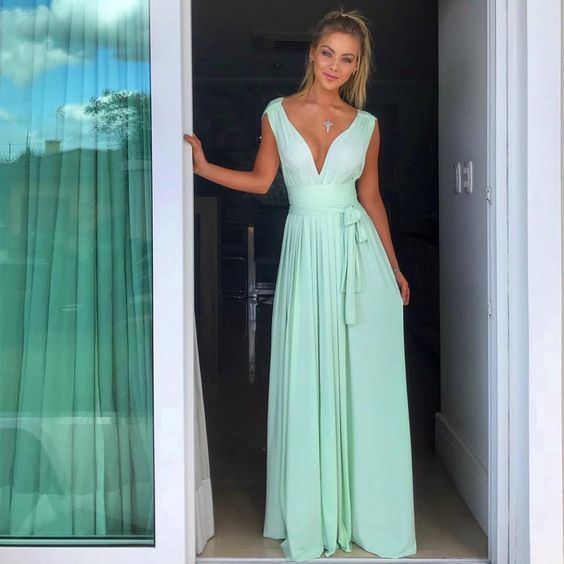 Simple Chiffon A Line Prom Dress Deep V Neck Elegant Evening Dresses cg14719