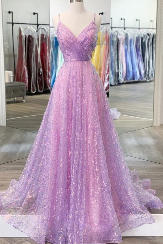 Shiny V Neck Backless Lilac Prom Dresses with Straps, Backless Lilac Formal Dresses cg14726