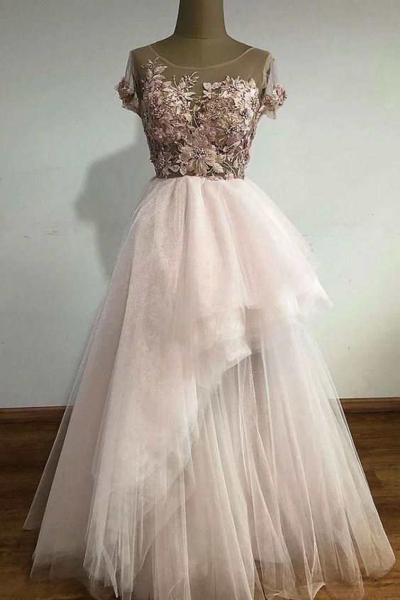 Unique tulle lace long prom dress, tulle lace evening dress cg14733